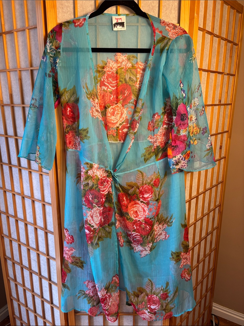 Floral Sheer Turquoise Swim Coverup with Tie Front